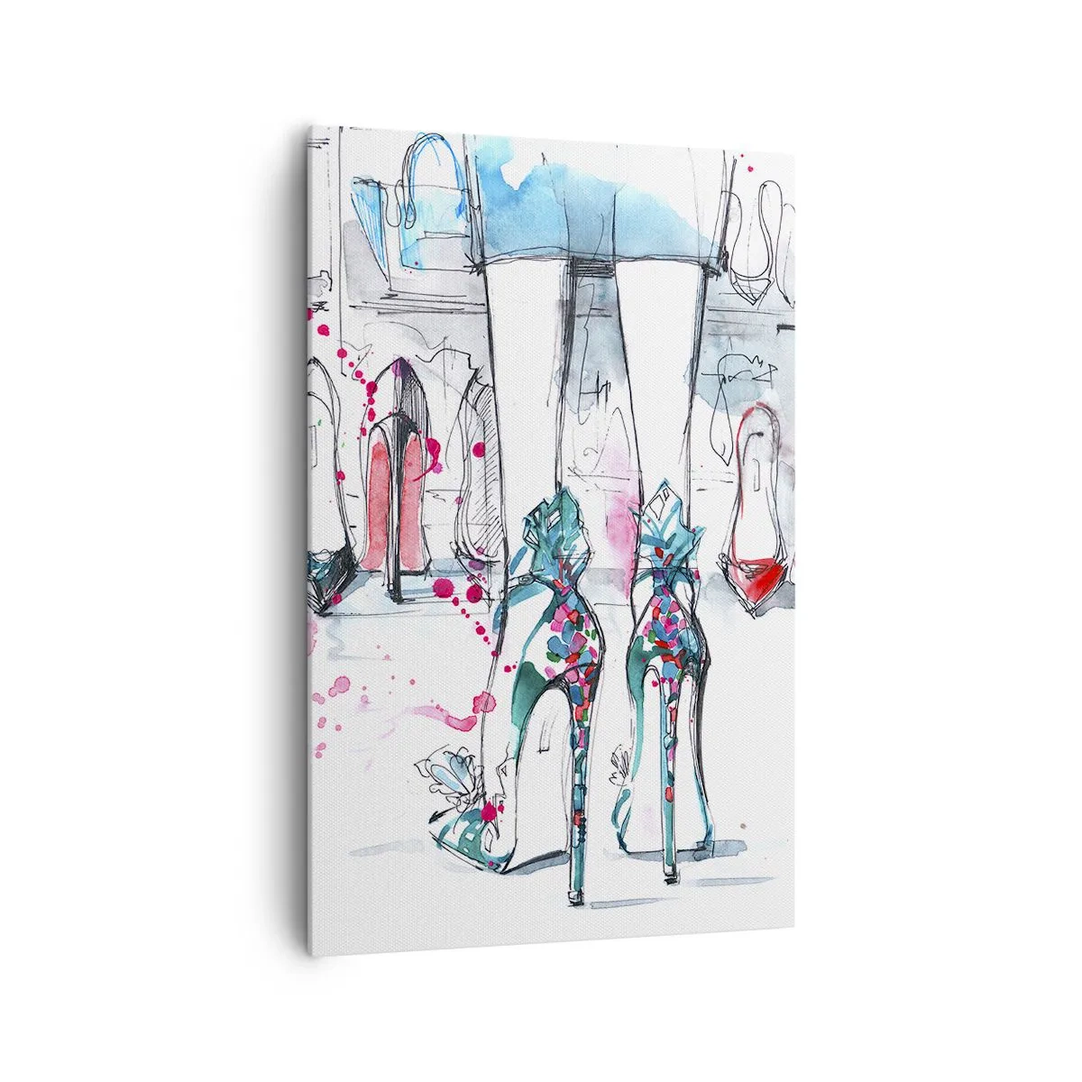 Obraz na płótnie - Artystyczna grafika z butami na wysokim obcasie i akcesoriami - 80x120cm - Sezamie, otwórz się - Nowoczesna dekoracja ścienna do salonu i sypialni ARTTOR