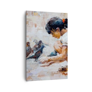 Obraz na płótnie - Dziewczynka karmiąca ptaki w malarskim stylu - 80x120cm - Maluczcy i najmilsi - Nowoczesna dekoracja ścienna do salonu i sypialni ARTTOR