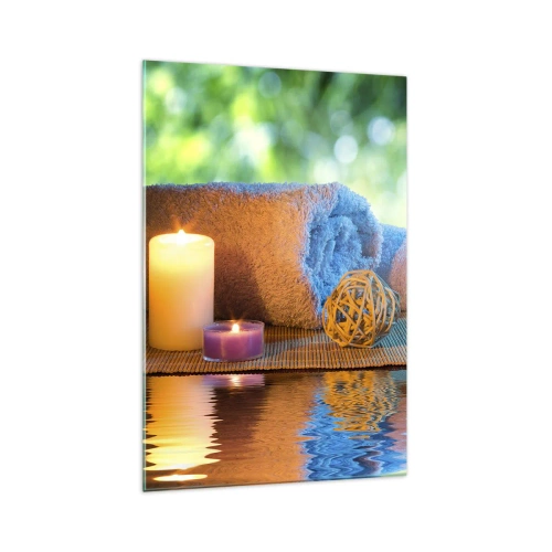 Obraz na szkle - Relaksacyjny zestaw SPA z ręcznikami, świecami i kamieniami - 70x100cm - Czas dla ciała - Nowoczesna dekoracja ścienna do salonu i sypialni ARTTOR