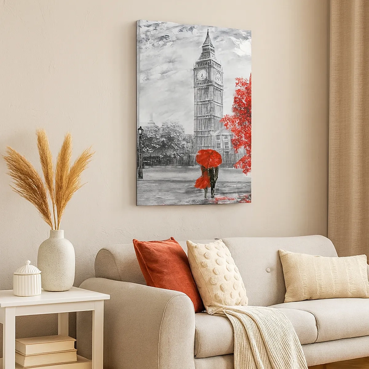 Obraz na płótnie - Czarno-biały widok na Big Ben z parą pod czerwonym parasolem - 50x70cm - Ekscytujący dzień - Nowoczesna dekoracja ścienna do salonu, kuchni i sypialni ARTTOR