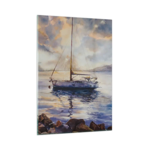 Obraz na szkle - Jacht zacumowany o zmierzchu w spokojnej zatoce - 50x70cm - Wieczór w zatoce - Nowoczesna dekoracja ścienna do salonu, kuchni i sypialni ARTTOR