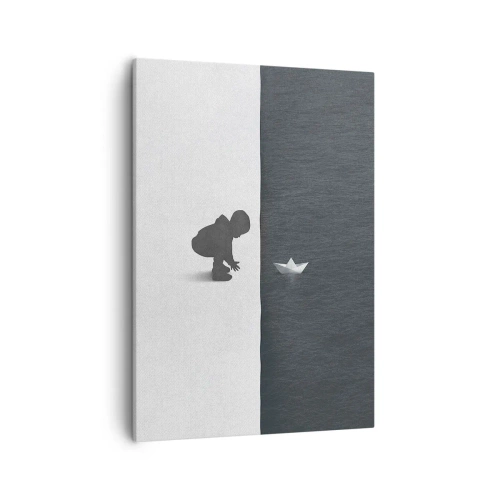 Obraz na płótnie - Minimalistyczny obraz przedstawiający dziecko puszczające papierową łódkę - 50x70cm - Wielka wyprawa - Nowoczesna dekoracja ścienna do salonu, kuchni i sypialni ARTTOR