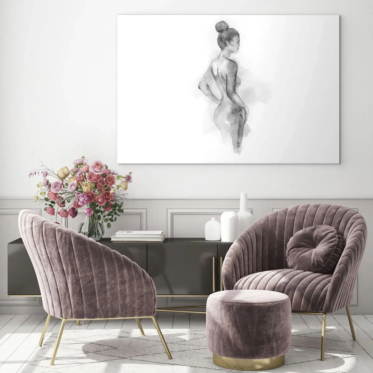 Obraz na szkle - Subtelna kobieca sylwetka malowana akwarelą na białym tle - 70x50cm - Piękna jak malowanie - Nowoczesna dekoracja ścienna do salonu i sypialni ARTTOR