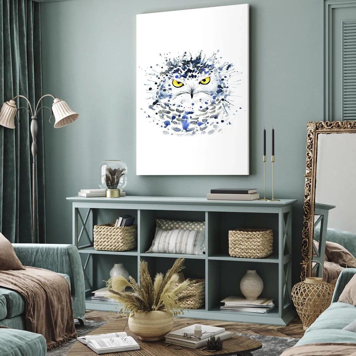 Obraz na płótnie - Abstrakcyjny portret sowy w odcieniach niebieskiego - 50x70cm - Prosto w oczy - Nowoczesna dekoracja ścienna do salonu, kuchni i sypialni ARTTOR