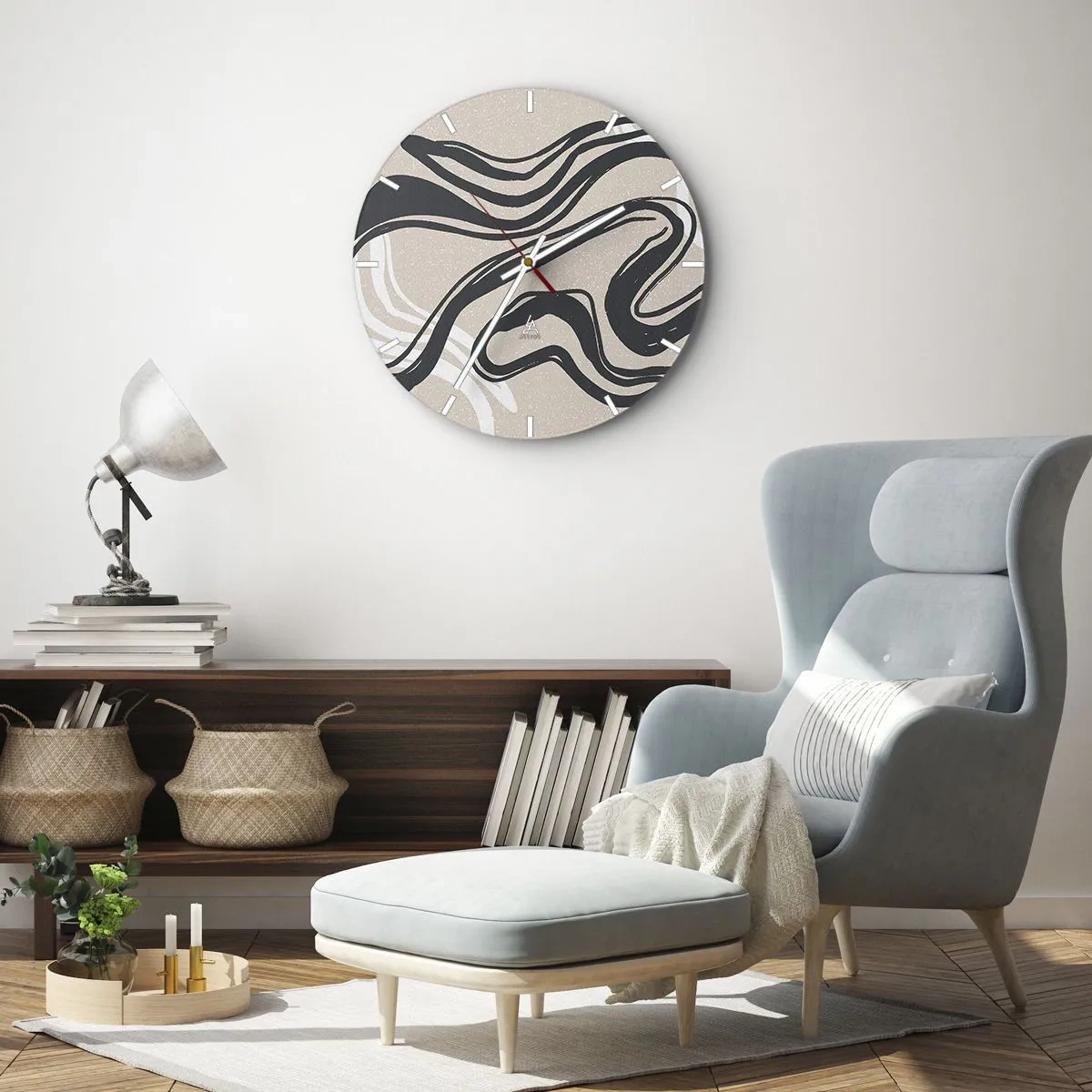 Zegar ścienny - Czarne krzywizny na beżowym tle w graficznym stylu - 30x30cm - Ekspresja zwielokrotniona - Nowoczesna dekoracja ścienna do salonu, kuchni i sypialni ARTTOR