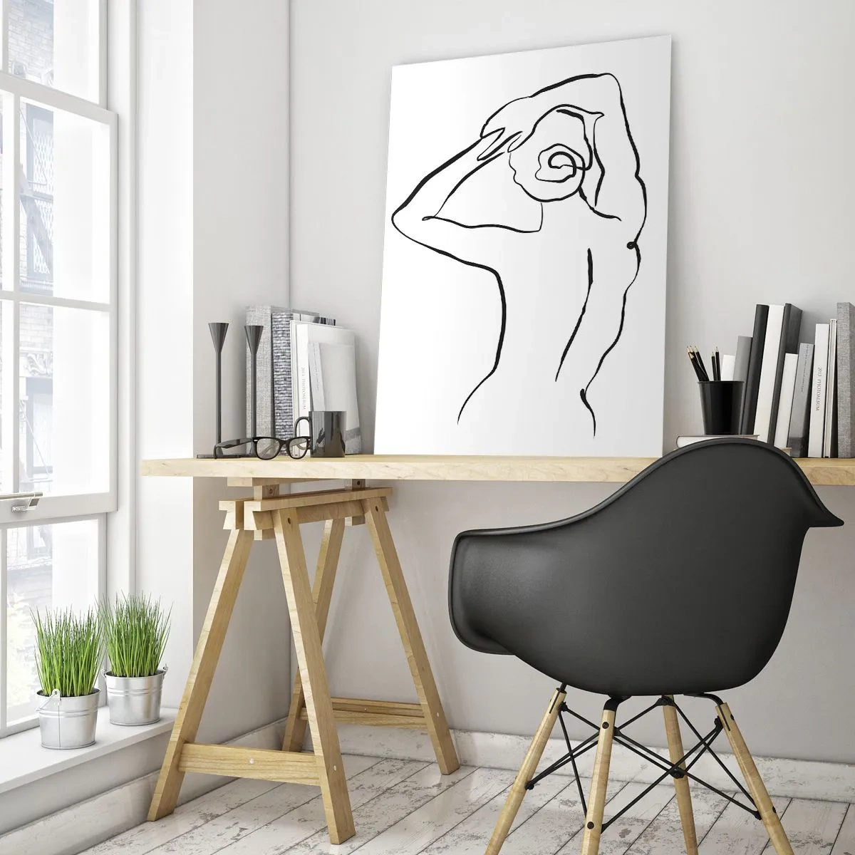 Obraz na szkle - Minimalistyczna linia konturowa kobiecej sylwetki widzianej od tyłu na białym tle - 80x120cm - Akt o poranku - Nowoczesna dekoracja ścienna do salonu i sypialni ARTTOR