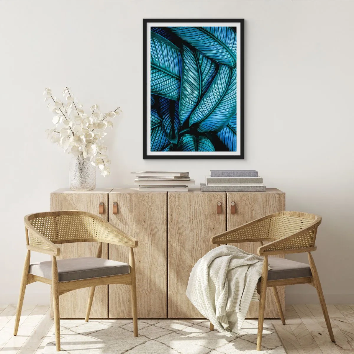 Plakat w czarnej ramie - Hipnotyzujące, niebiesko-zielone liście bananowca - 50x70cm - Linie życia - Nowoczesna dekoracja ścienna do salonu i sypialni ARTTOR