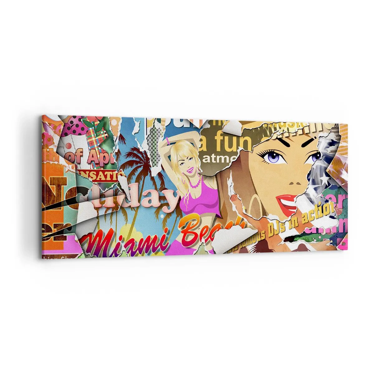 Obraz na płótnie - Kolorowy kolaż z elementami retro i pop-art - 120x50cm - Wakacyjne retrospekcje - Nowoczesna dekoracja ścienna do salonu i sypialni ARTTOR