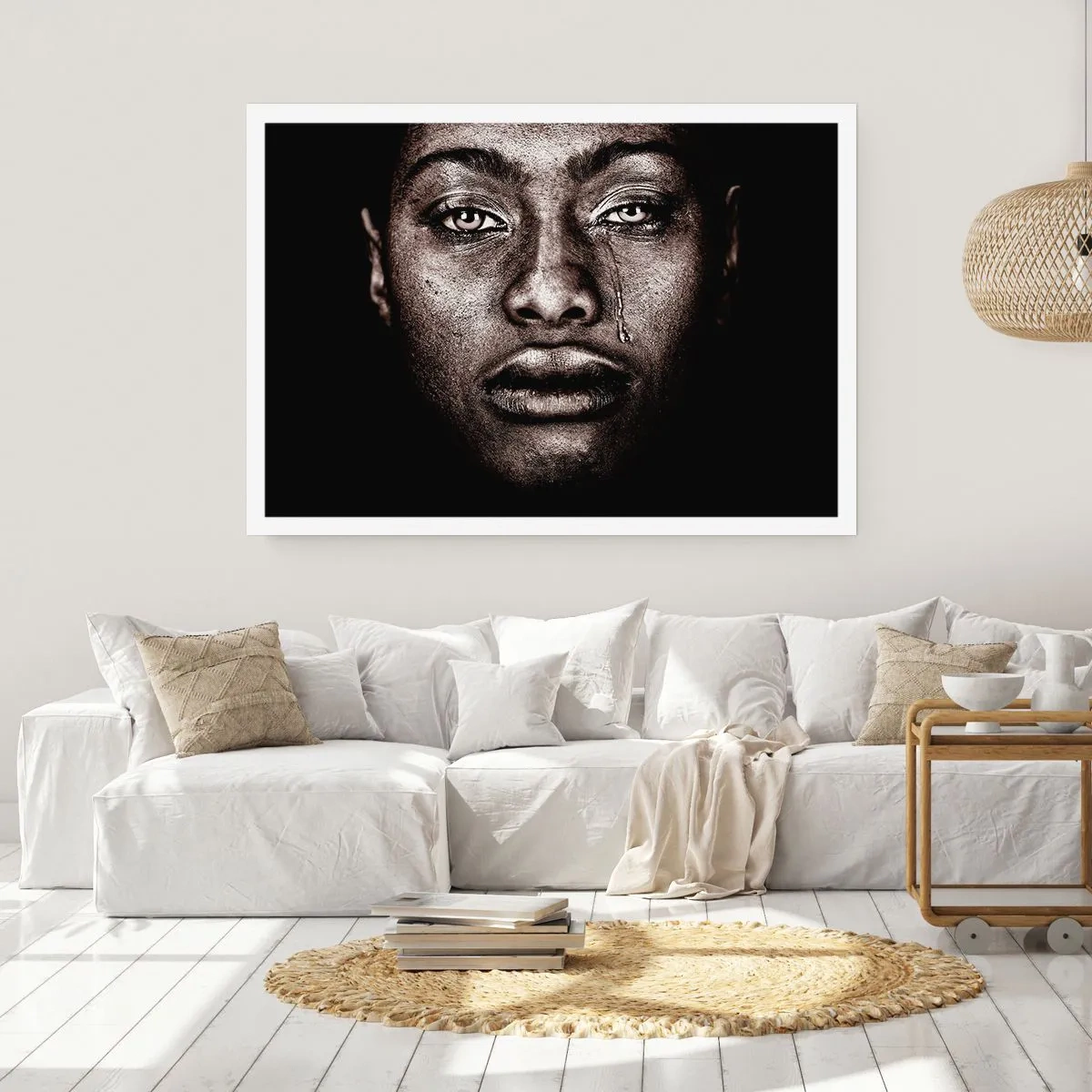 Plakat - Portret twarzy z pojedynczą łzą na czarnym tle - 100x70cm - Jedna łza - Nowoczesna dekoracja ścienna do salonu i sypialni ARTTOR