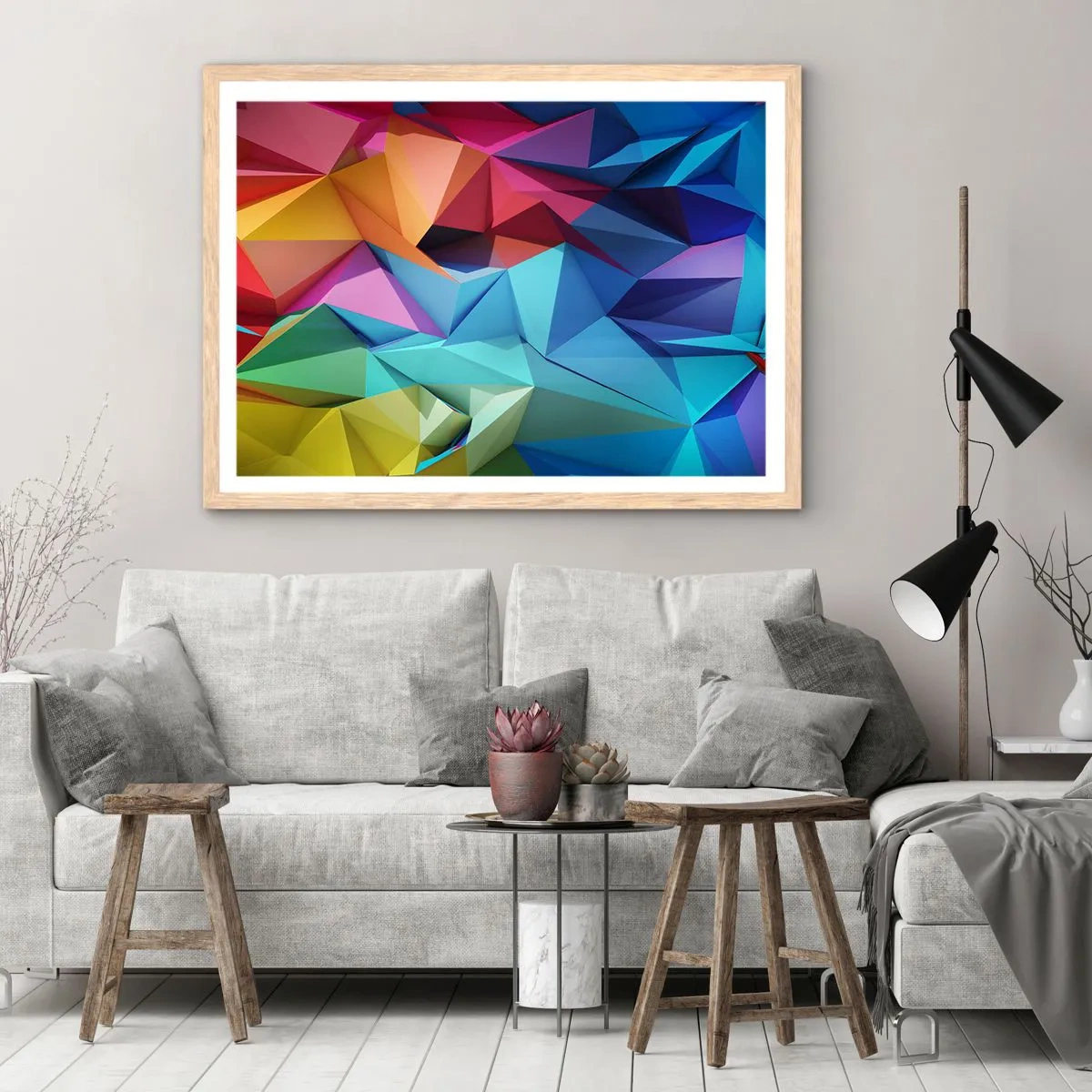 Plakat w ramie jasny dąb - Tęczowe origami - 70x50 cm