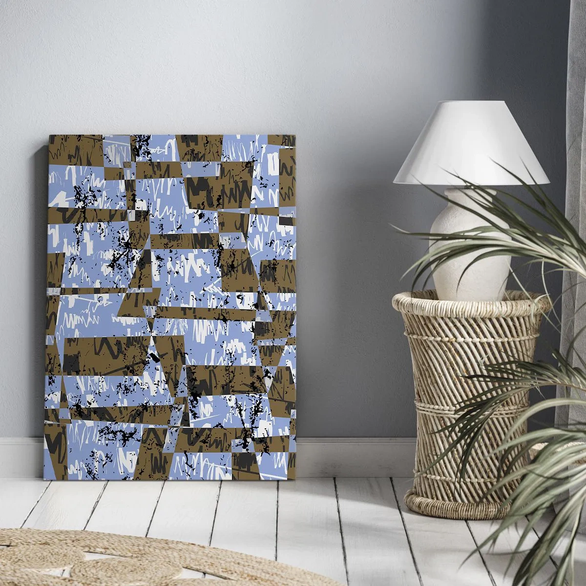 Obraz na płótnie - Abstrakcyjna kompozycja z prostokątów w odcieniach brązu i niebieskiego - 80x120cm - Nieludowa wycinanka - Nowoczesna dekoracja ścienna do salonu i sypialni ARTTOR