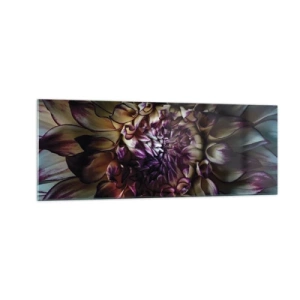 Obraz na szkle - Zbliżenie na kwiat dalii w ciemnych tonach - 140x50cm - Rozkwit młodości - Nowoczesna dekoracja ścienna do salonu i sypialni ARTTOR