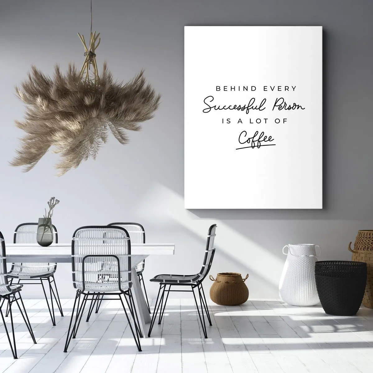 Obraz na płótnie - Cytat motywacyjny na białym tle: Behind every successful person is a lot of coffee - 50x70cm - Tajemnica sukcesu - Nowoczesna dekoracja ścienna do salonu, kuchni i sypialni ARTTOR