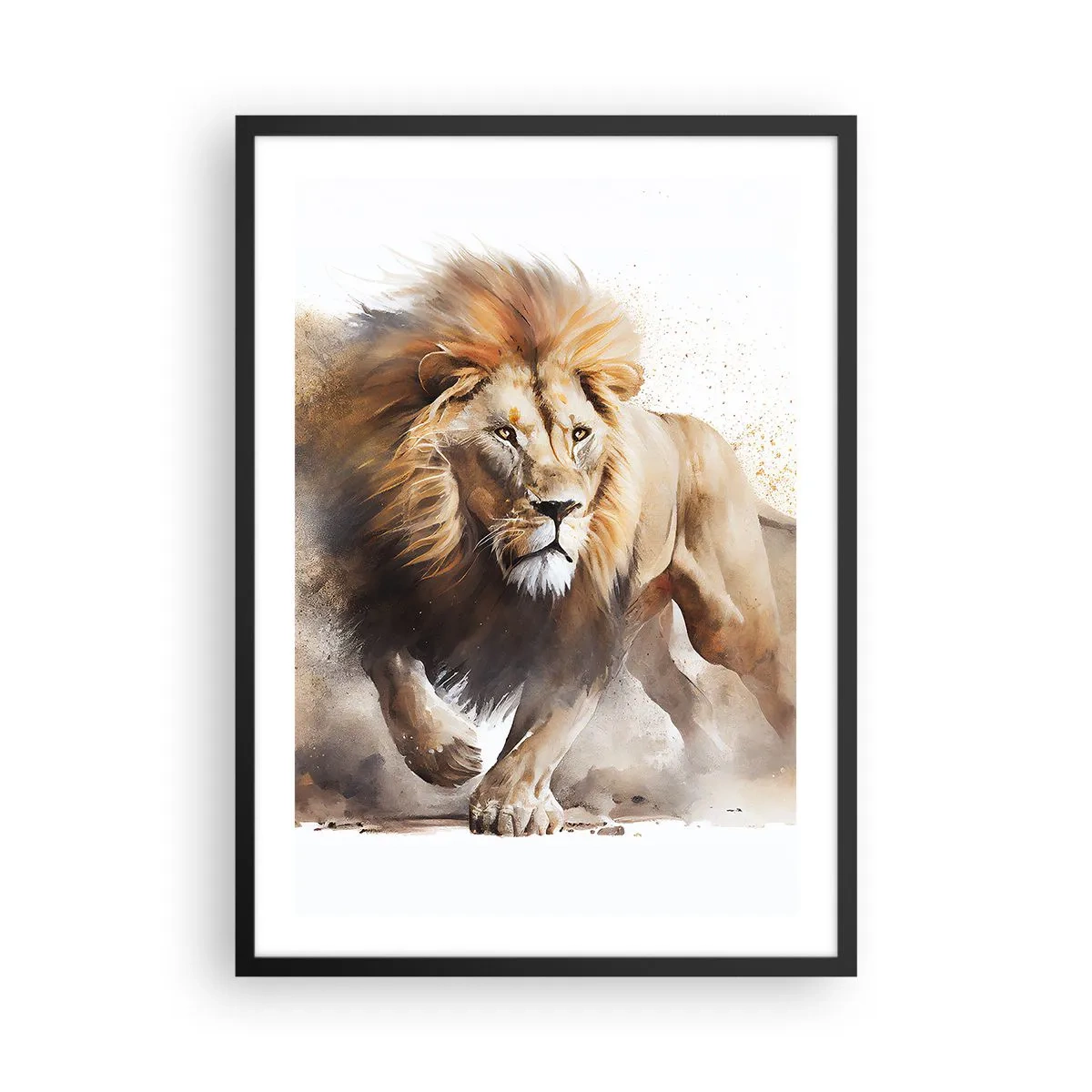 Plakat w czarnej ramie - Dostojny lew w ruchu w malarskim stylu - 50x70cm - Król ruszył - Nowoczesna dekoracja ścienna do salonu i sypialni ARTTOR