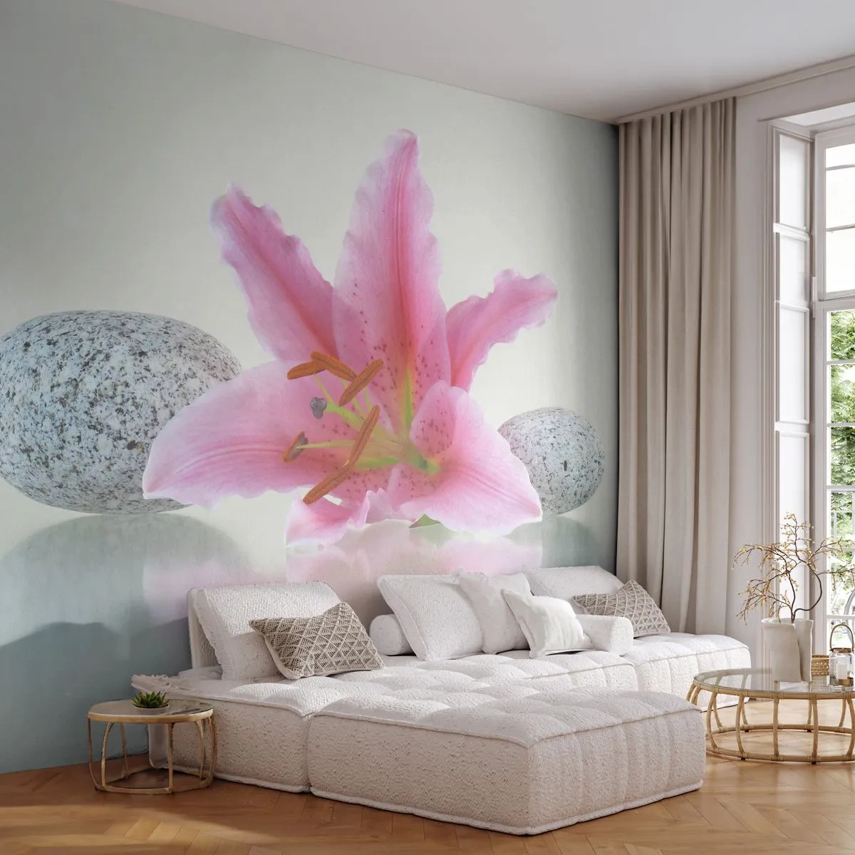Fototapeta Premium Canvas - Studium w różu, szarości i bieli - Kwiaty, Lilia, Kamienie - 450x315 cm