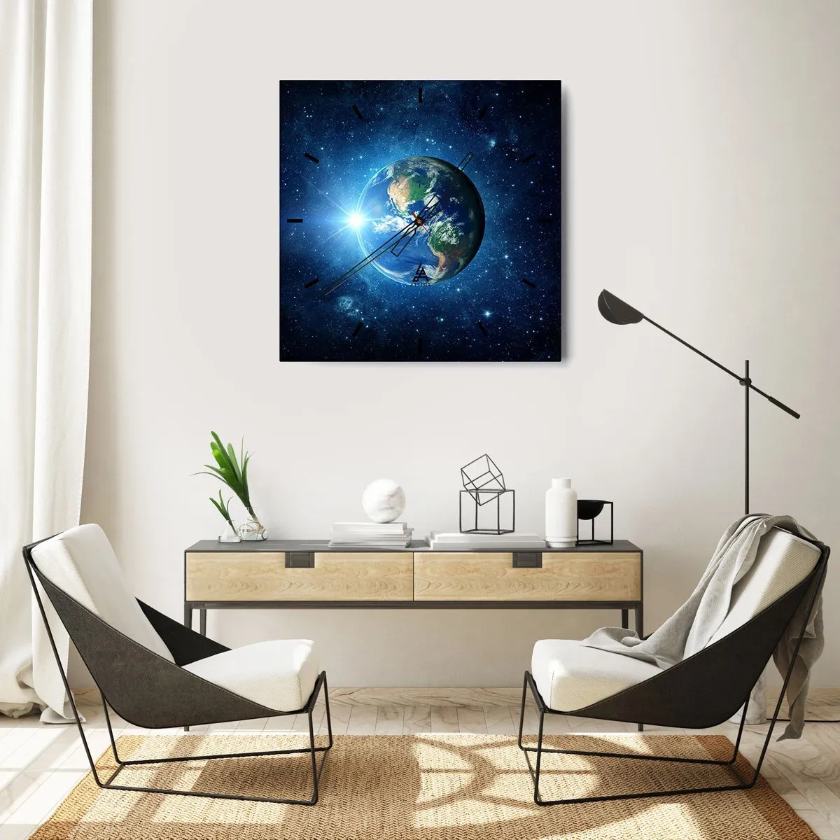 Zegar ścienny - Ziemia w kosmosie otoczona gwiazdami i światłem - 30x30cm - Jesteśmy w niebie - Nowoczesna dekoracja ścienna do salonu i sypialni ARTTOR