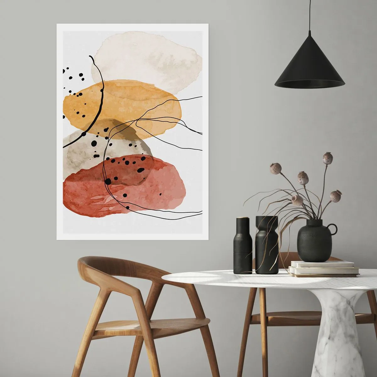 Plakat - Abstrakcyjne kształty w odcieniach beżu, żółci i czerwieni - 50x70cm - Jak powietrze lekkie, przejrzyste - Nowoczesna dekoracja ścienna do salonu, kuchni i sypialni ARTTOR