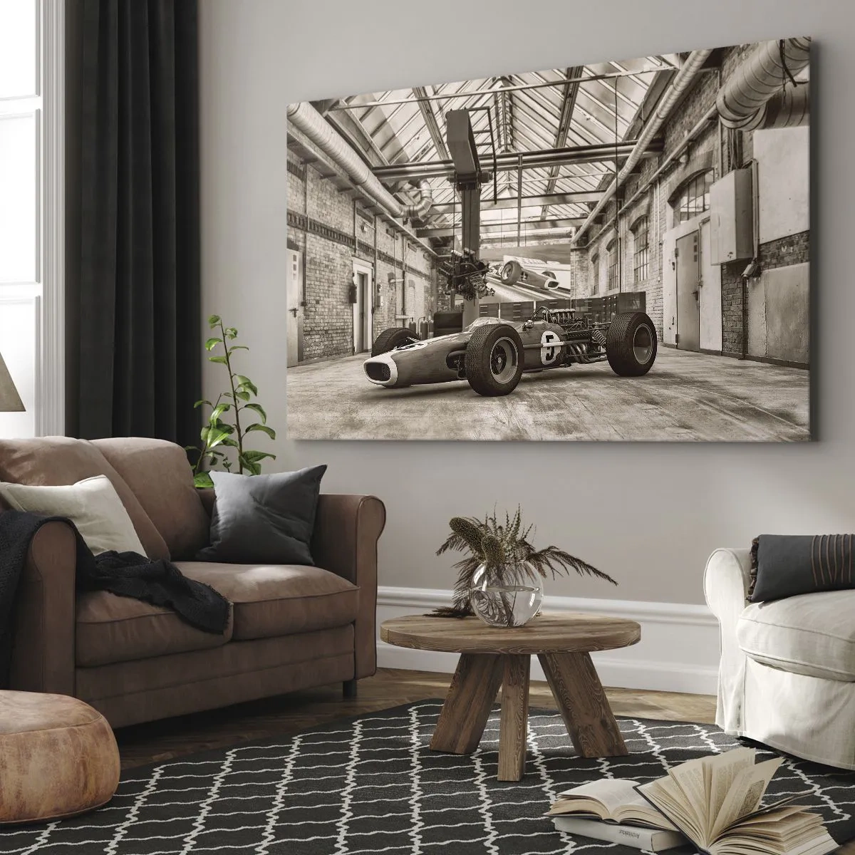 Obraz na płótnie - Czarno-biały samochód wyścigowy w industrialnym wnętrzu - 70x50cm - Odpoczynek zwycięzcy - Nowoczesna dekoracja ścienna do salonu i sypialni ARTTOR