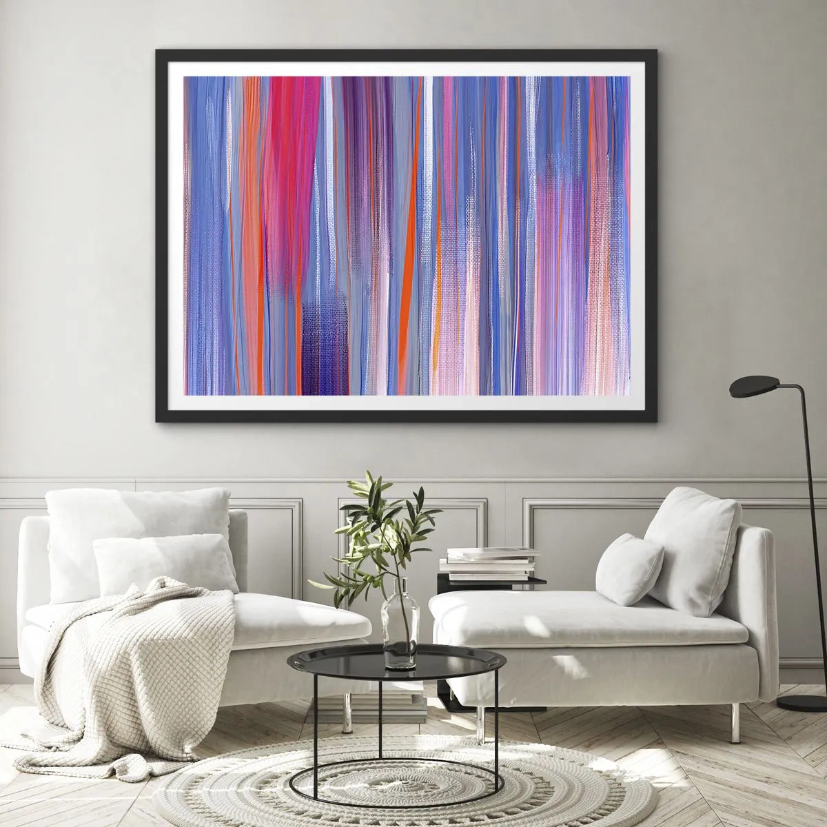 Plakat w czarnej ramie - Abstrakcyjne pionowe linie w odcieniach niebieskiego i różu - 70x50cm - Wtęczowstąpienie - Nowoczesna dekoracja ścienna do salonu i sypialni ARTTOR