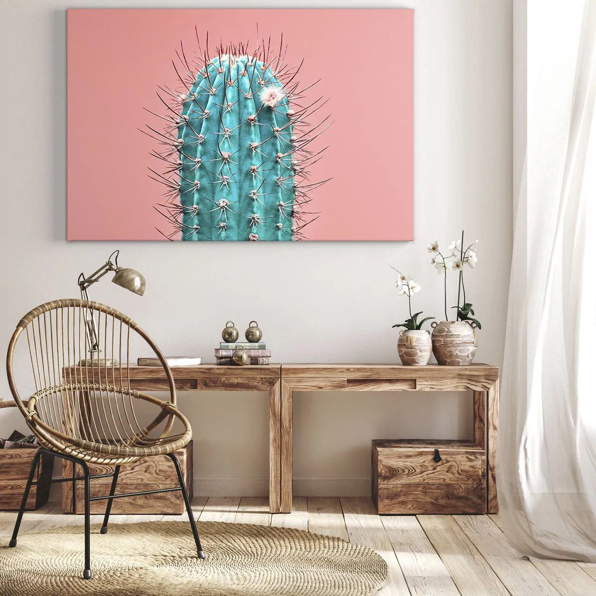 Obraz na płótnie - Kaktus na różowym tle w artystycznym ujęciu - 70x50cm - Tylko patrz - Nowoczesna dekoracja ścienna do salonu i sypialni ARTTOR