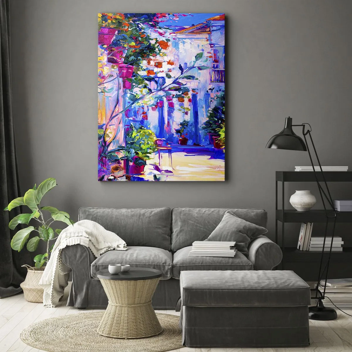 Obraz na płótnie - Kolorowy dziedziniec w stylu śródziemnomorskim - 50x70cm - Impresja - włoska uliczka - Nowoczesna dekoracja ścienna do salonu, kuchni i sypialni ARTTOR