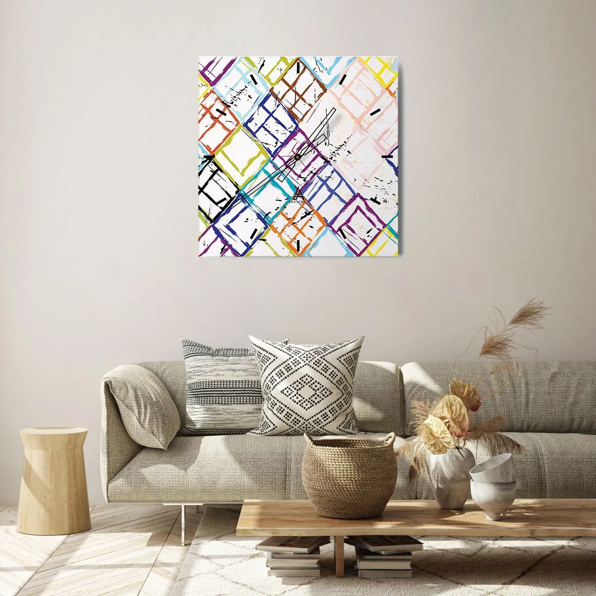 Zegar ścienny - Kolorowa abstrakcja z geometrycznymi kształtami na białym tle - 30x30cm - Komórki do wynajęcia - Nowoczesna dekoracja ścienna do salonu i sypialni ARTTOR