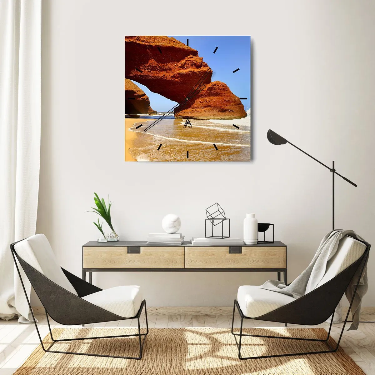 Zegar ścienny - Naturalny łuk skalny na plaży z błękitnym niebem i falami - 30x30cm - Woda i wiatr przez tysiące lat - Nowoczesna dekoracja ścienna do salonu i sypialni ARTTOR