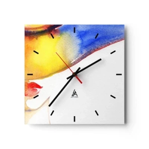 Zegar ścienny - Minimalistyczna akwarela kobiecego profilu z kolorowym kapeluszem - 30x30cm - Portret damy    - Nowoczesna dekoracja ścienna do salonu i sypialni ARTTOR