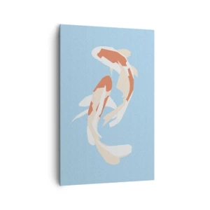 Obraz na płótnie - Minimalistyczna ilustracja dwóch ryb koi na błękitnym tle - 80x120cm - Pływanie synchroniczne spontaniczne - Nowoczesna dekoracja ścienna do salonu i sypialni ARTTOR