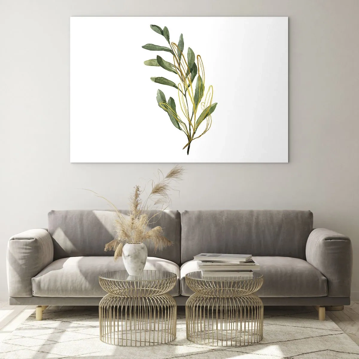 Obraz na szkle - Zielona gałązka z delikatnym złotym akcentem - 70x50cm - Wszystko co dobre - Nowoczesna dekoracja ścienna do salonu i sypialni ARTTOR
