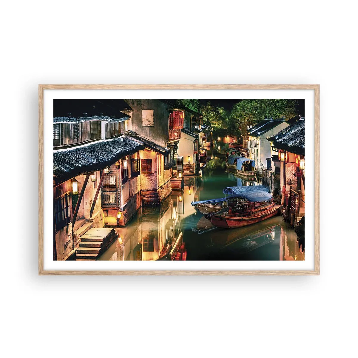 Plakat w ramie jasny dąb - Wieczór na chińskiej ulicy - 91x61 cm