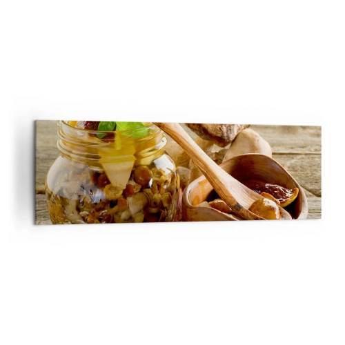 Obraz na płótnie - Naturalne grzyby w słoiku na rustykalnym stole - 160x50cm - Czy świeży, czy solony, czy jesiennej pory... - Nowoczesna dekoracja ścienna do salonu i sypialni ARTTOR