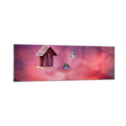 Obraz na szkle - Malowniczy krajobraz z budką dla ptaków i zachodem słońca - 160x50cm - Zaproszenie na kolację - Nowoczesna dekoracja ścienna do salonu i sypialni ARTTOR