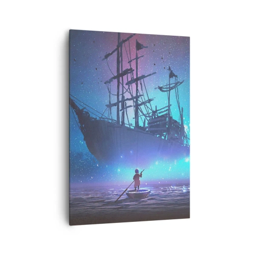Obraz na płótnie - Fantastyczny statek na tle gwiaździstego nieba - 70x100cm - Spotkanie z mitem morza - Nowoczesna dekoracja ścienna do salonu i sypialni ARTTOR