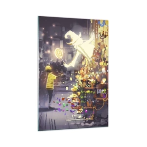 Obraz na szkle - Bajkowa postać i dziecko na ulicy pełnej świateł i magii - 70x100cm - Czary istnieją - Nowoczesna dekoracja ścienna do salonu i sypialni ARTTOR