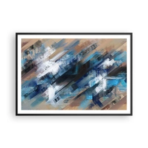 Plakat w czarnej ramie - Abstrakcyjna kompozycja z błękitnymi ukośnymi liniami - 100x70cm - Po błękitnym skosie - Nowoczesna dekoracja ścienna do salonu i sypialni ARTTOR