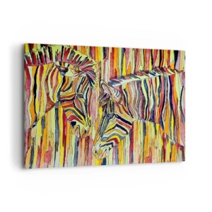 Obraz na płótnie - Kolorowe zebry na tle abstrakcyjnych pasów - 100x70cm - A więc ty też… - Nowoczesna dekoracja ścienna do salonu, kuchni i sypialni ARTTOR