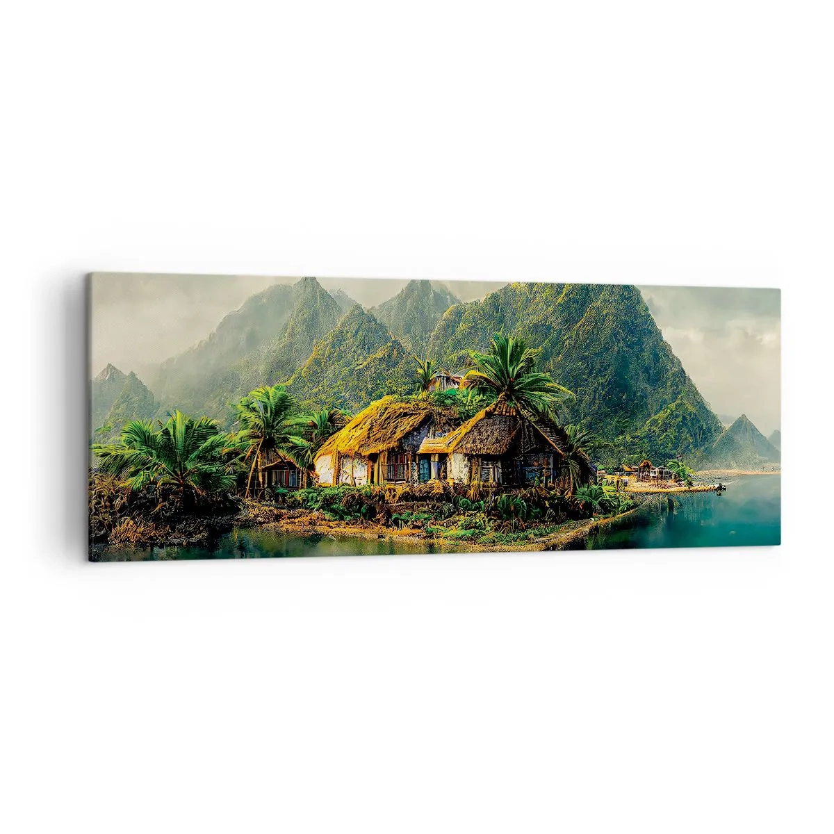 Obraz na płótnie - Tropikalna wyspa z palmami i górami w tle - 140x50cm - Tropikalny raj - Nowoczesna dekoracja ścienna do salonu i sypialni ARTTOR