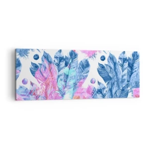 Obraz na płótnie - Abstrakcyjny wzór z kolorowymi piórami w pastelowych odcieniach - 140x50cm - Pióropusze w różu i błękicie - Nowoczesna dekoracja ścienna do salonu i sypialni ARTTOR