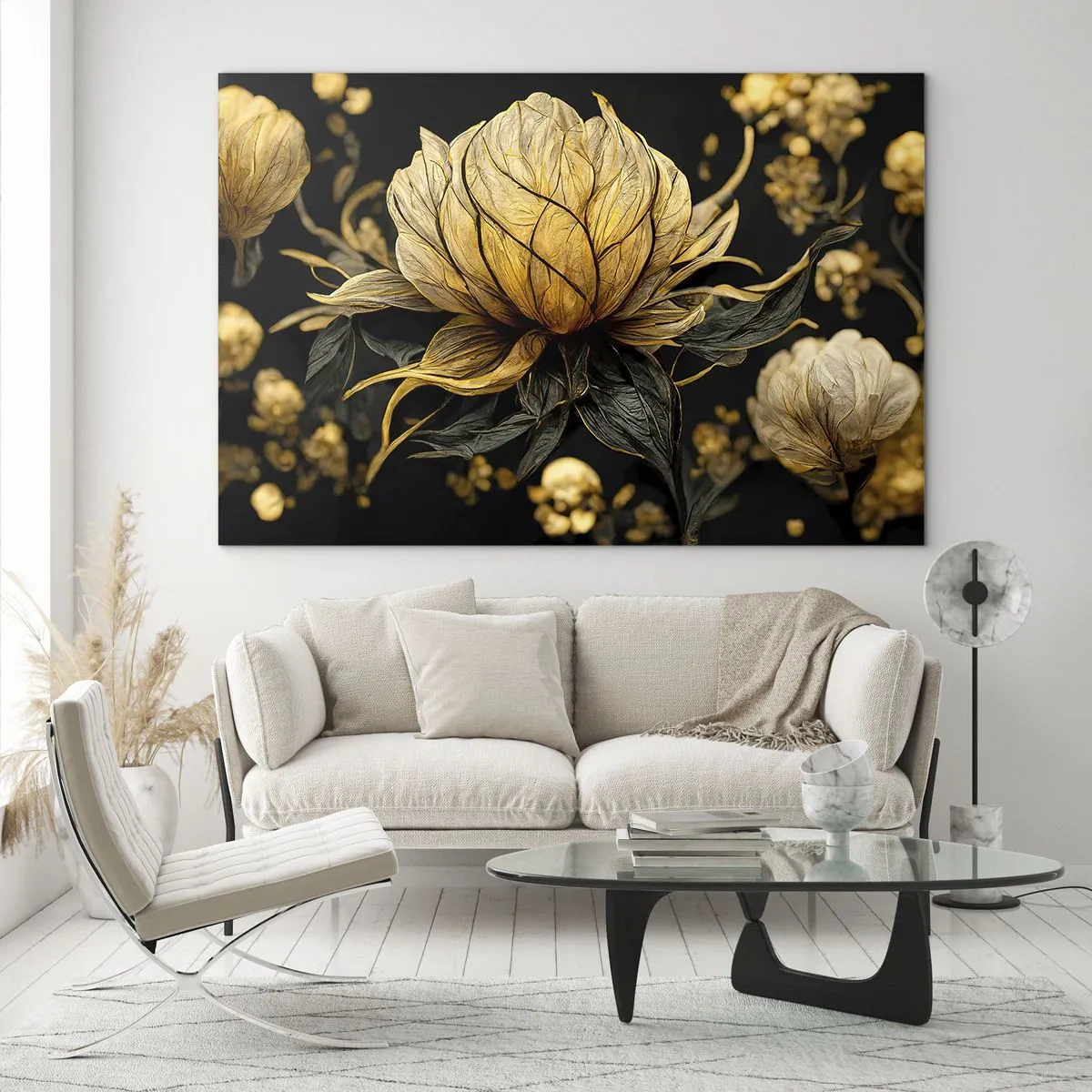 Obraz na szkle - Złote kwiaty na czarnym tle w eleganckiej kompozycji - 70x50cm - Subtelna kruchość - Nowoczesna dekoracja ścienna do salonu i sypialni ARTTOR