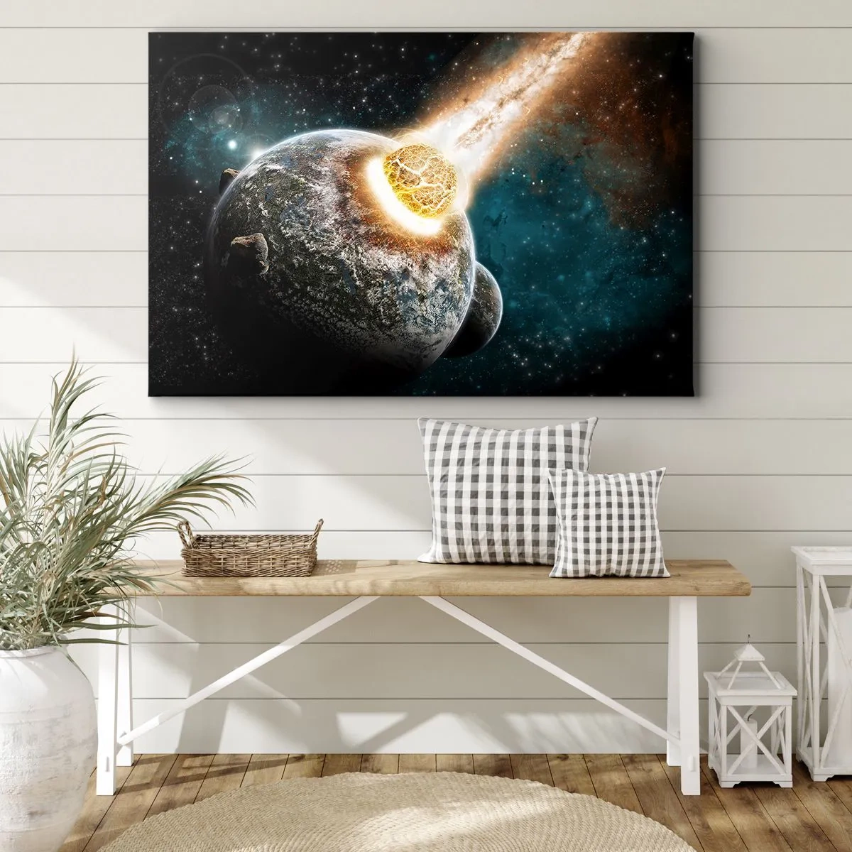 Obraz na płótnie - Kosmiczna kolizja planety z asteroidą w otoczeniu galaktyki. - 120x80cm - Zagłada czy narodziny? - Nowoczesna dekoracja ścienna do salonu, kuchni i sypialni ARTTOR