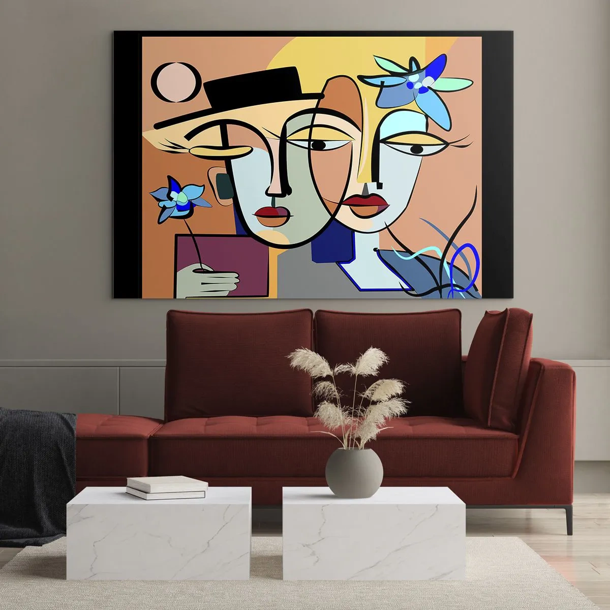 Obraz na szkle - Kolorowe twarze w stylu kubistycznym z kwiatami - 70x50cm - Picassowskie randez vous - Nowoczesna dekoracja ścienna do salonu i sypialni ARTTOR