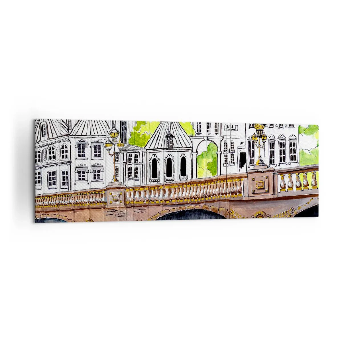 Obraz na płótnie - Rysunek mostu i zabytkowej architektury miejskiej - 160x50cm - Miasto jak malowane - Nowoczesna dekoracja ścienna do salonu i sypialni ARTTOR