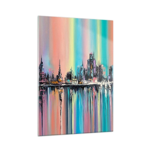 Obraz na szkle - Abstrakcyjna panorama miasta z wielobarwnym tłem - 50x70cm - Spłynąć światłem nocy - Nowoczesna dekoracja ścienna do salonu, kuchni i sypialni ARTTOR