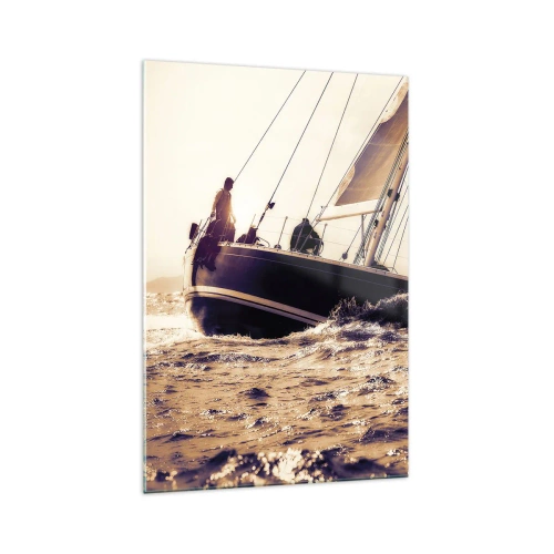 Obraz na szkle - Jacht na wzburzonym morzu w świetle zachodzącego słońca - 70x100cm - Żeglujże, żeglarzu - Nowoczesna dekoracja ścienna do salonu i sypialni ARTTOR
