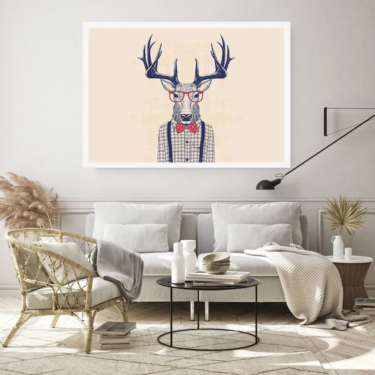 Plakat - Stylizowana grafika jelenia w okularach i muszce - 100x70cm - Zabawna ekstrawagancja - Nowoczesna dekoracja ścienna do salonu i sypialni ARTTOR