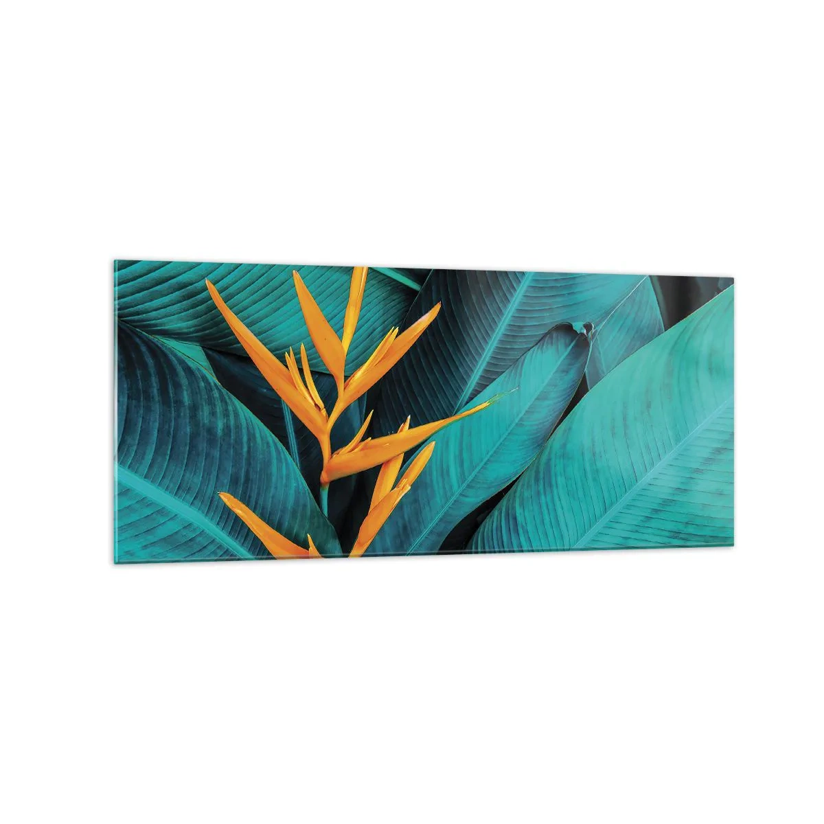Obraz na szkle - Egzotyczny kwiat na tle liści bananowca w turkusowych odcieniach - 120x50cm - Kwiat Edenu - Nowoczesna dekoracja ścienna do salonu i sypialni ARTTOR