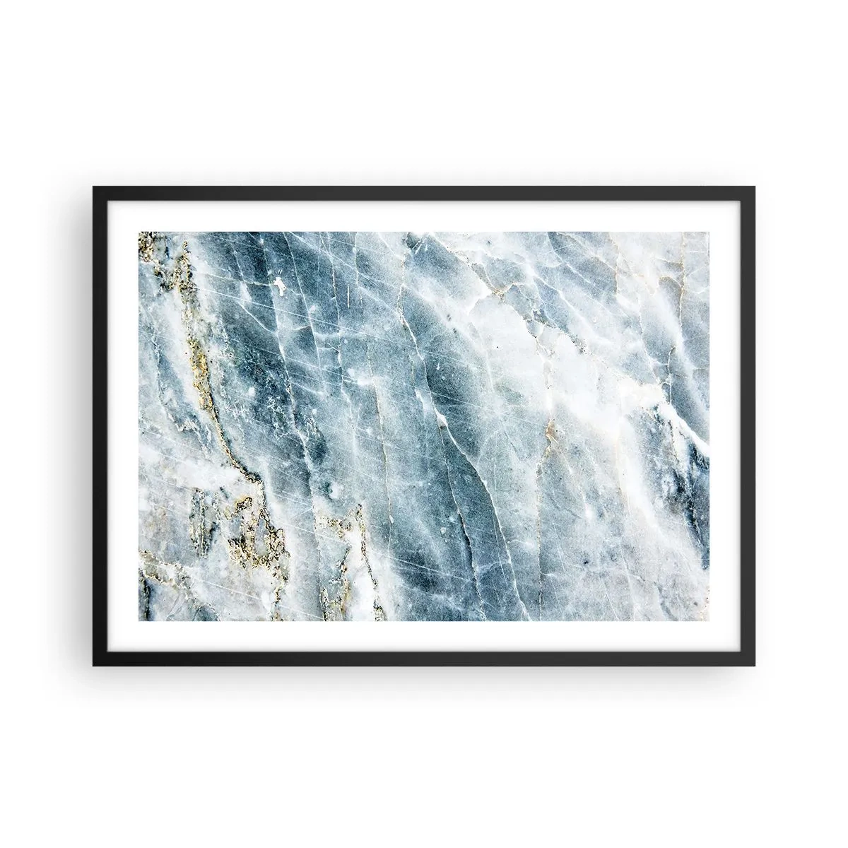 Plakat w czarnej ramie - Tekstura marmuru w odcieniach niebieskiego i białego - 70x50cm - Lodowy świat - Nowoczesna dekoracja ścienna do salonu i sypialni ARTTOR
