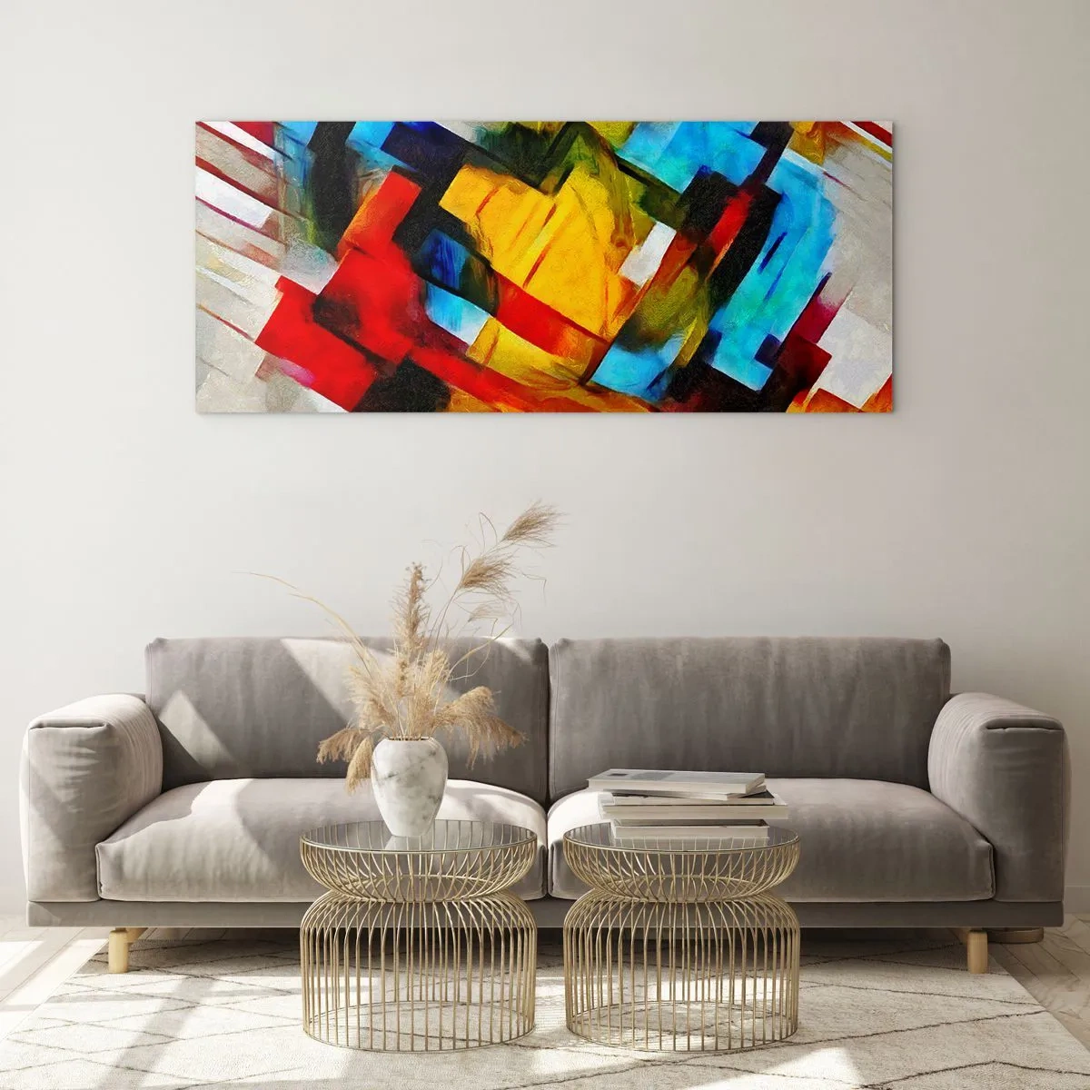 Obraz na szkle - Abstrakcyjna kompozycja geometryczna w żywych kolorach - 120x50cm - Różnobarwny przekładaniec - Nowoczesna dekoracja ścienna do salonu i sypialni ARTTOR