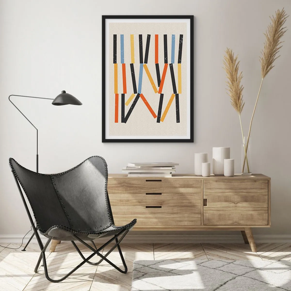 Plakat w czarnej ramie - Kolorowa abstrakcja geometryczna z pionowymi liniami - 50x70cm - Kompozycja na poziomie - Nowoczesna dekoracja ścienna do salonu i sypialni ARTTOR